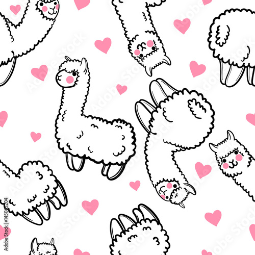 Seamless vector pattern with cute alpacas and hearts. Child illustration with a lama from Peru. In the Japanese anime style.