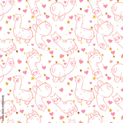 Seamless vector pattern with cute alpacas and hearts and stars. Child illustration with a lama from Peru. In the Japanese anime style.