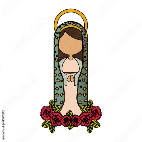 white background of colorful faceless virgin of guadalupe and ornament of roses vector illustration