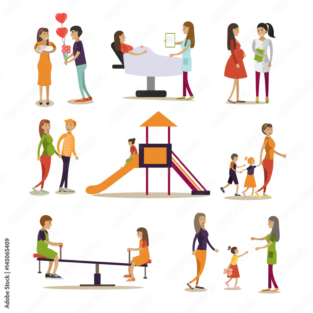 Naklejka premium Vector flat icons set of maternity hospital and kindergarten people