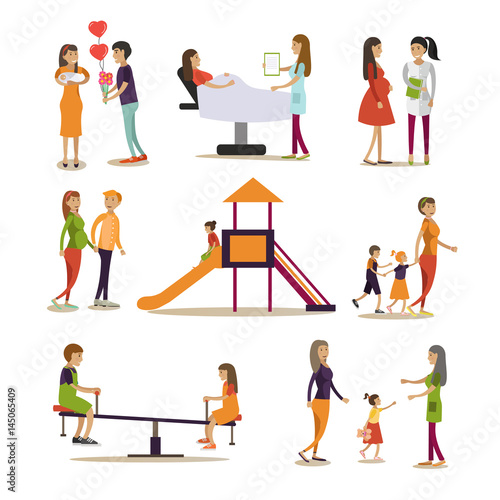 Vector flat icons set of maternity hospital and kindergarten people
