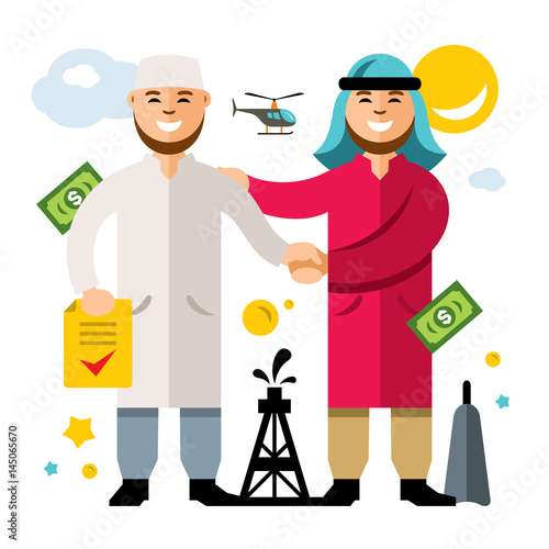 Vector Deal, Partnership, Agreement. Middle East Oil Business. Flat style colorful Cartoon illustration.