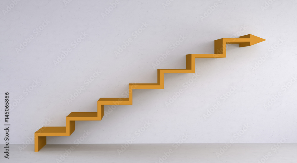 Orange stairs arrow going up on concrete wall 3D rendering Orange stairs arrow going up on concrete wall 3D rendering