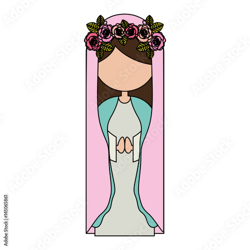white background of colorful faceless virgin with crown of roses and pink mantle vector illustration