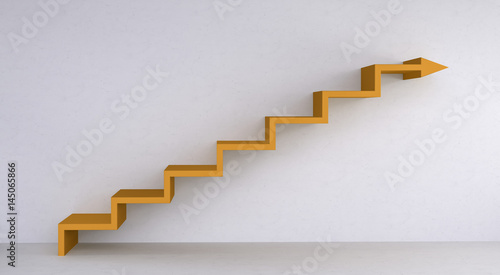 Orange stairs arrow going up on concrete wall 3D rendering