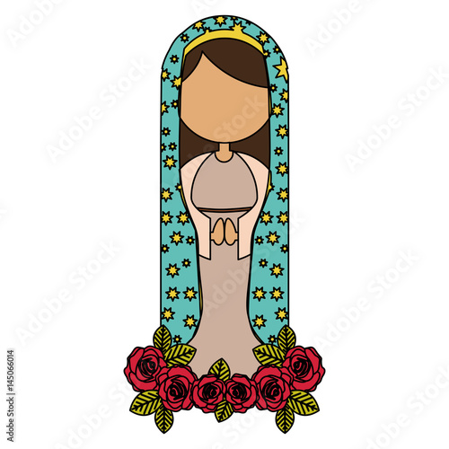 white background of colorful faceless virgin with blue mantle and ornament of roses vector illustration