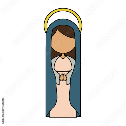white background of colorful faceless virgin with dark blue mantle and aura vector illustration