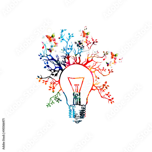 Colorful light bulb with trees isolated vector illustration. Green energy design