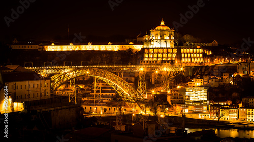 Cityscape of Porto at night: The Bridge "Ponte Dom Luís I" and the Church "Igreja da Serra do Pilar"
