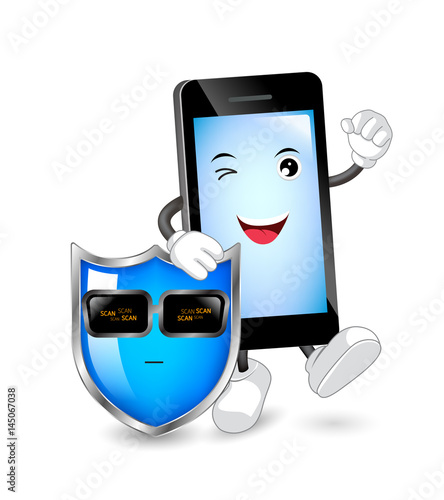 Smart phone character with security guard. Cyber security concept. Illustration isolated on white background.