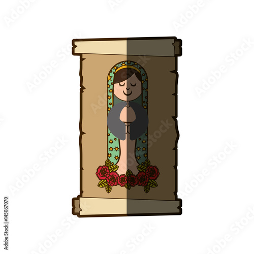 background with canvas of virgin of guadalupe with floral ornament of roses with half shadow vector illustration