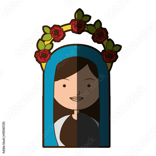 white background of colorful half body beautiful virgin with crown of roses and blue mantle with half shadow vector illustration