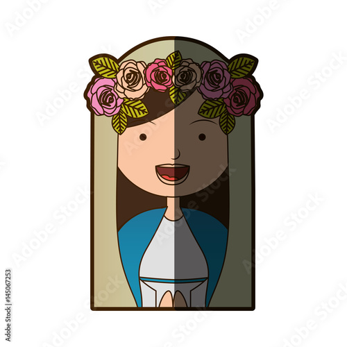 white background of colorful half body beautiful virgin with crown of roses with half shadow vector illustration