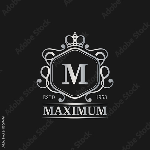 Vector monogram logo template. Luxury letter design. Graceful vintage character with crown illustration for hotel etc.