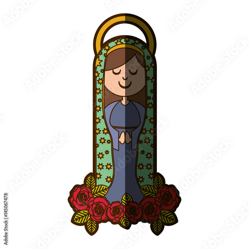 white background of virgin of guadalupe and ornament of roses with half shadow vector illustration