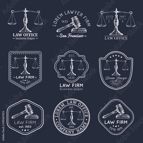 Law office logos set with scales of justice, gavel illustrations. Vector vintage attorney, advocate labels, firm badges.