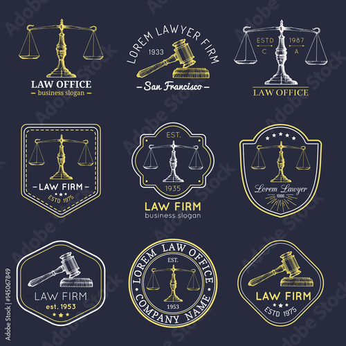 Law office logos set with scales of justice, gavel illustrations. Vector vintage attorney, advocate labels, firm badges.