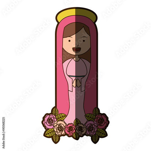 white background of pretty christian virgin and ornament of roses with half shadow vector illustration