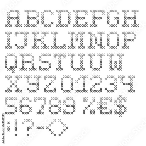 Grey cross stitched font. Handmade characters