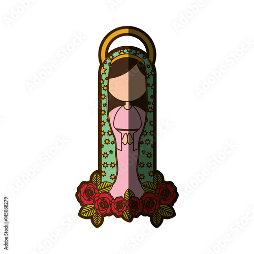 white background of faceless virgin of guadalupe and ornament of roses with half shadow vector illustration