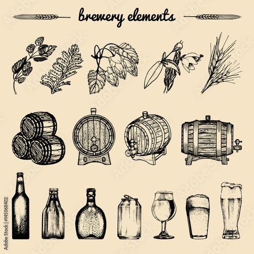 Vector set of vintage brewery hand sketched elements,barrel, bottle,glass,herbs and plants. Retro beer icons collection.