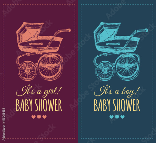 Vector baby shower invitation with pram illustration. Reveal the gender baby gifts invite concept. Poster with buggy.