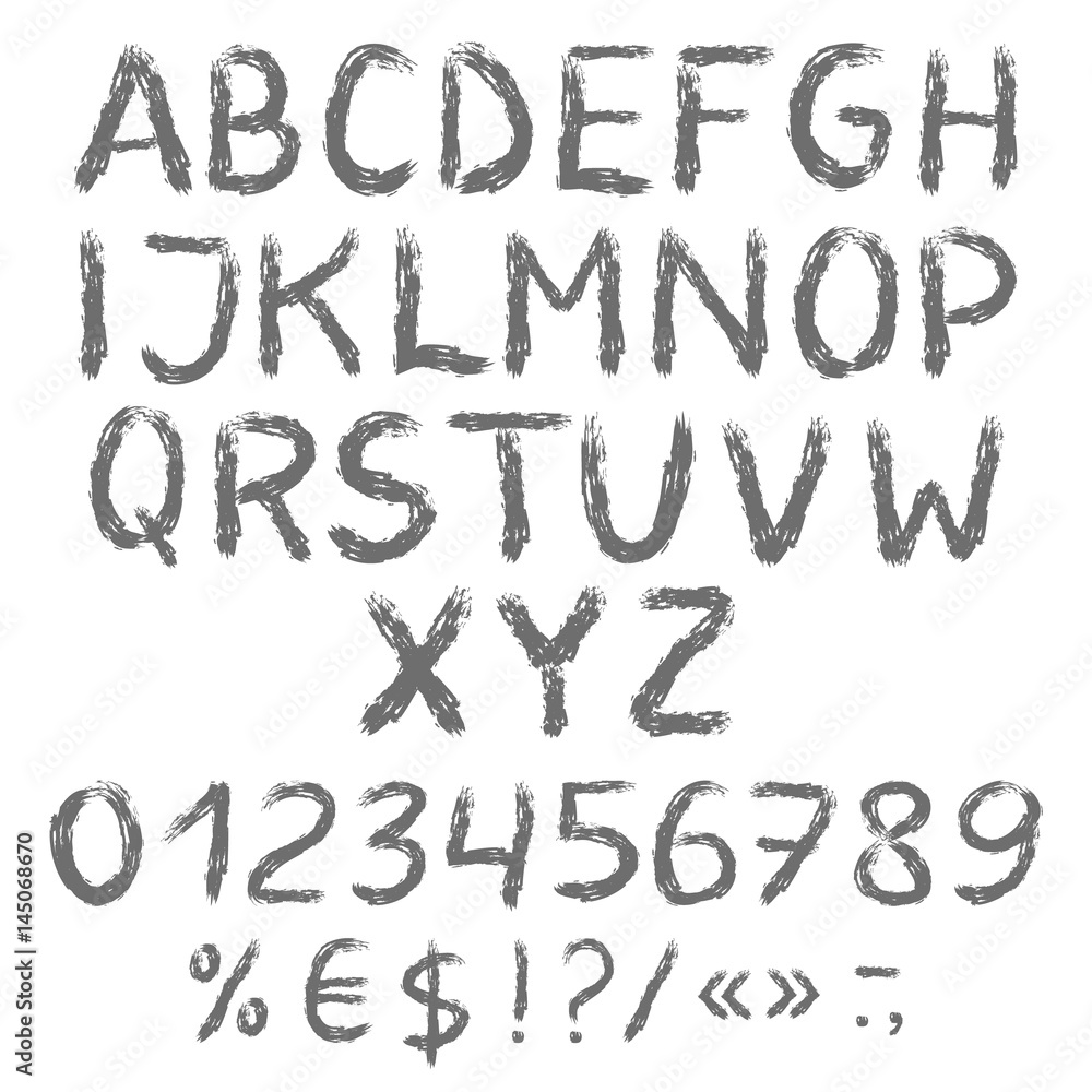 Grunge grey painted engliash alphabet with numbers and symbols. Vector set. Isolated on white background Grunge grey painted engliash alphabet with numbers and symbols. Vector set. Isolated on white background