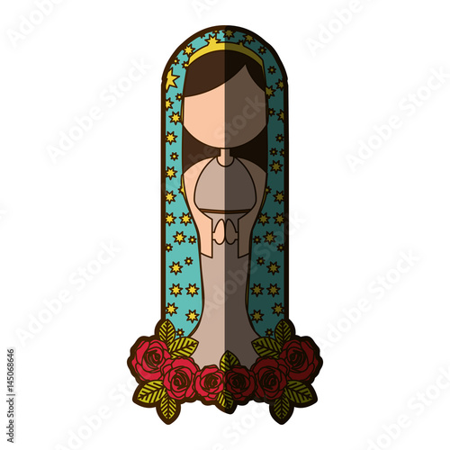 white background of faceless virgin with mantle with stars and ornament of roses vector illustration