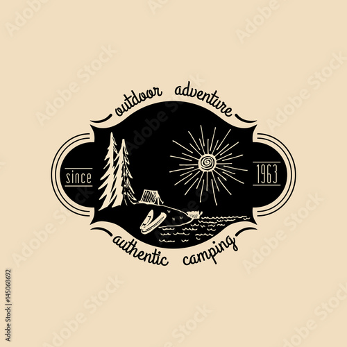 Vector camp logo. Tourism sign with hand drawn lake shore landscape. Retro hipster emblem, badge of outdoor adventures.