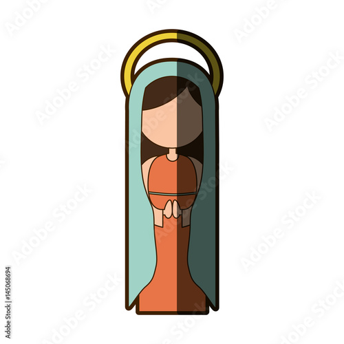white background of faceless virgin with light blue mantle and aura and half shadow vector illustration