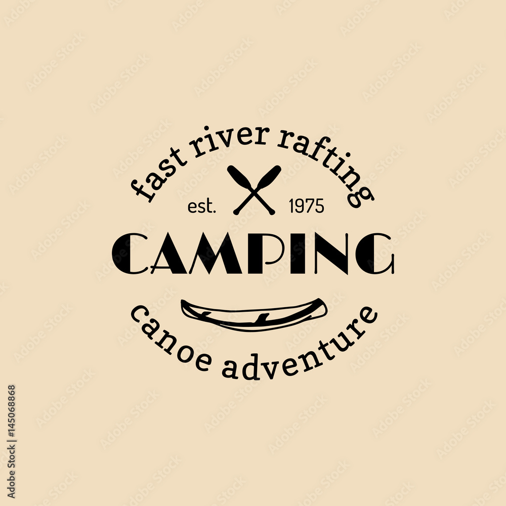 Vector camp logo. Tourism sign with hand drawn paddles illustration. Retro hipster emblem, label of outdoor adventures. Vector camp logo. Tourism sign with hand drawn paddles illustration. Retro hipster emblem, label of outdoor adventures.