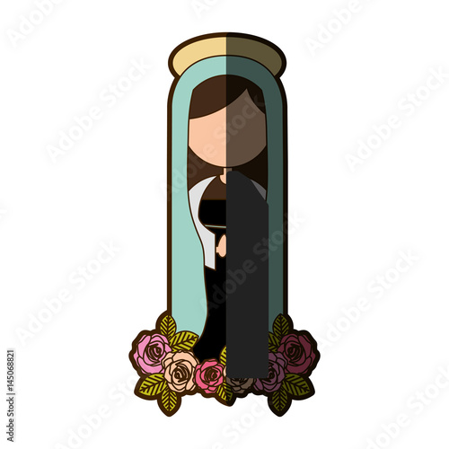 white background of faceless christian virgin and ornament of roses with half shadow vector illustration