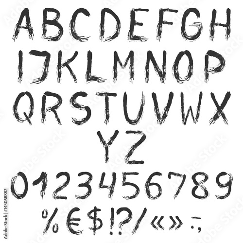 Grunge black painted engliash alphabet with numbers and symbols. Vector set. Isolated on white background