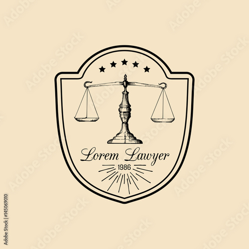 Law office logo with scales of justice illustration. Vector vintage attorney, advocate label, juridical firm badge.