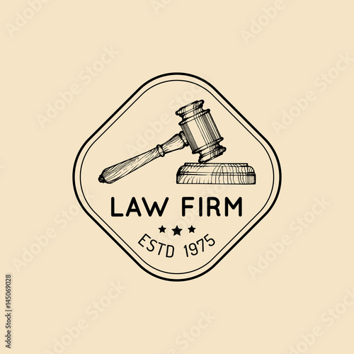 Law office logo with gavel illustration. Vector vintage attorney, advocate label, juridical firm badge.