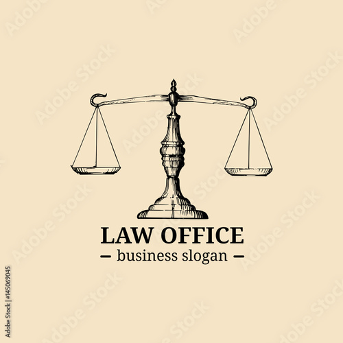 Law office logo with scales of justice illustration. Vector vintage attorney, advocate label, juridical firm badge.