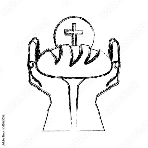monochrome sketch silhouette of hands holding bread with sphere with cross symbol vector illustration