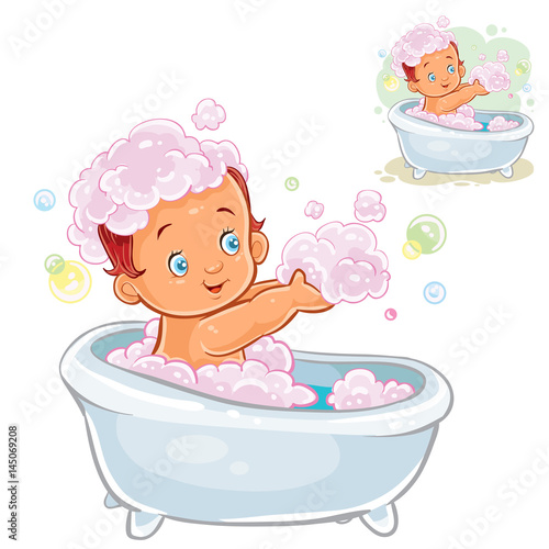 Vector illustration of small child take a bath with foam isolated on white