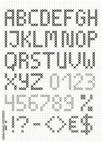 Cross stitch english font with numbers and symbols. Upper case letters