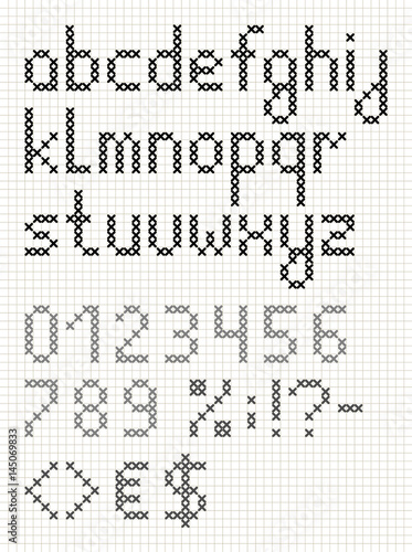 Cross stitch english font with numbers and symbols. Upper case letters