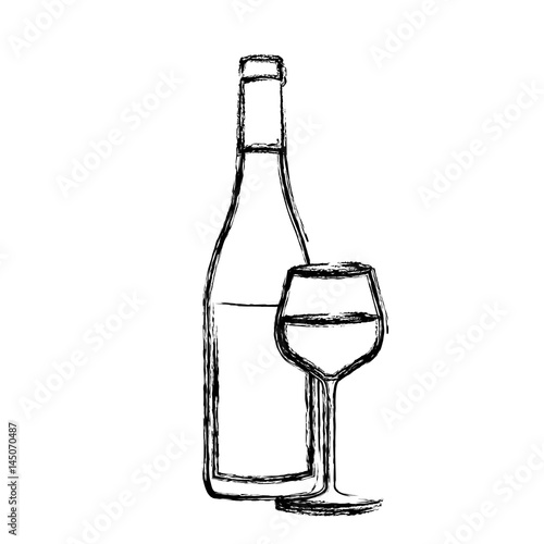 monochrome sketch silhouette with bottle of wine and burgundy glass vector illustration