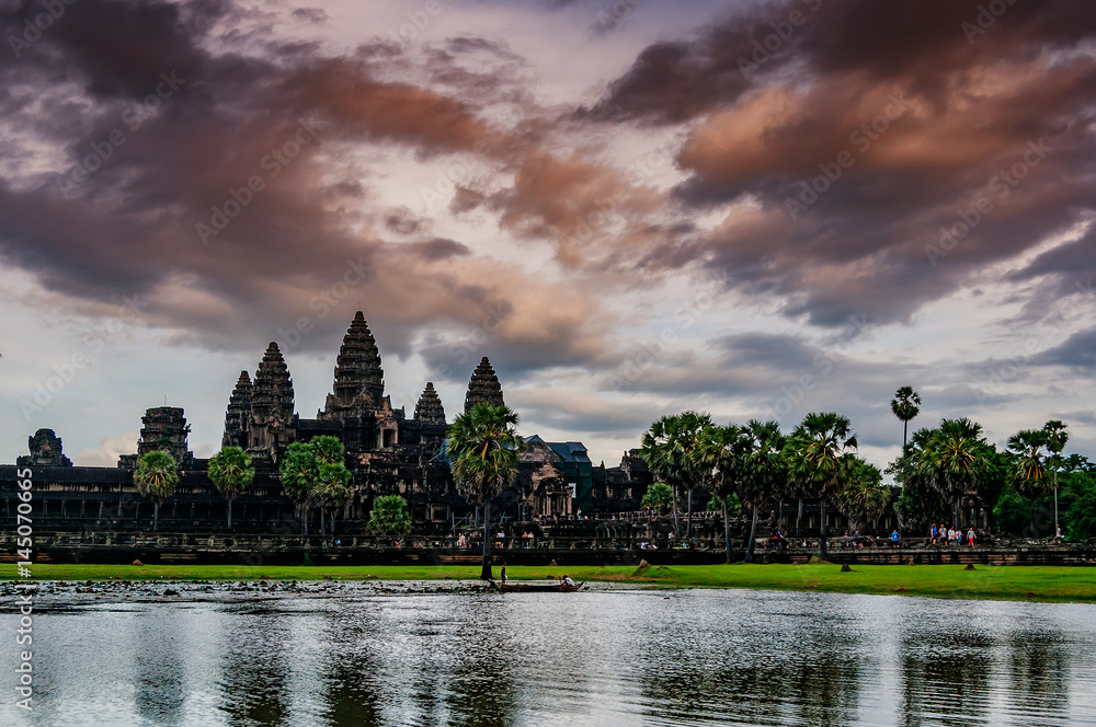 Fototapeta premium Cambodian landmark Angkor Wat with reflection. Siem Reap, Cambodia