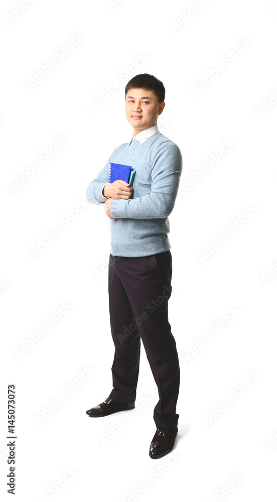 Handsome young Asian teacher on white background Handsome young Asian teacher on white background