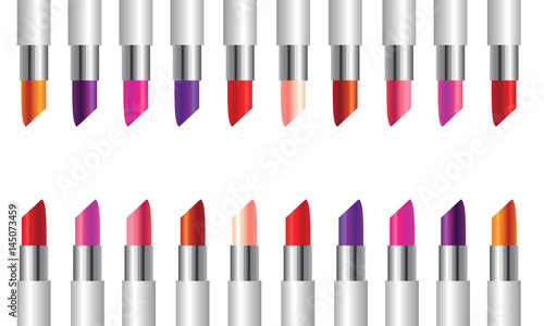 Realistic image of lipstick of different colors arranged in a line on a white background, vector image