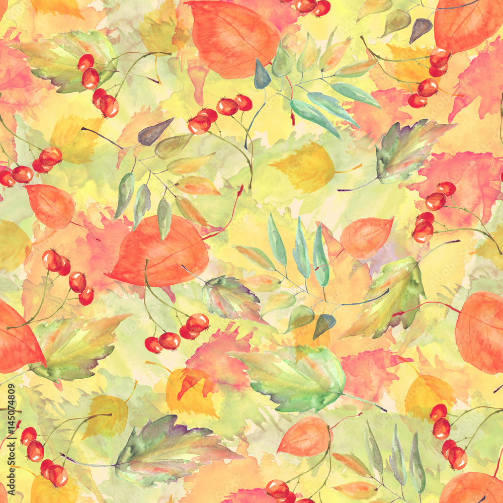 Watercolor vintage autumn background. With paint divorces red, orange yellow. With autumn leaves, red berries. Beautiful, stylish stylish background.