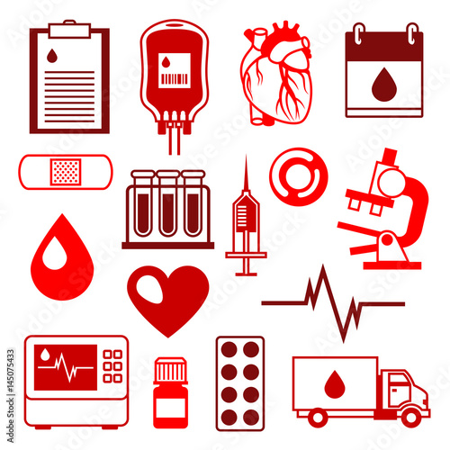 Set of blood donation items. Medical and health care objects