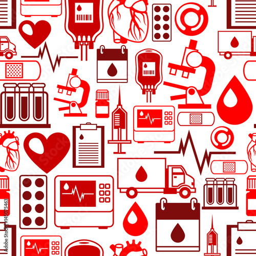 Seamless pattern with blood donation items. Medical and health care objects