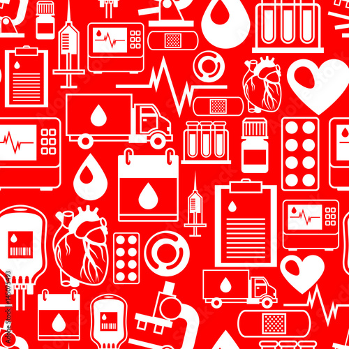 Seamless pattern with blood donation items. Medical and health care objects