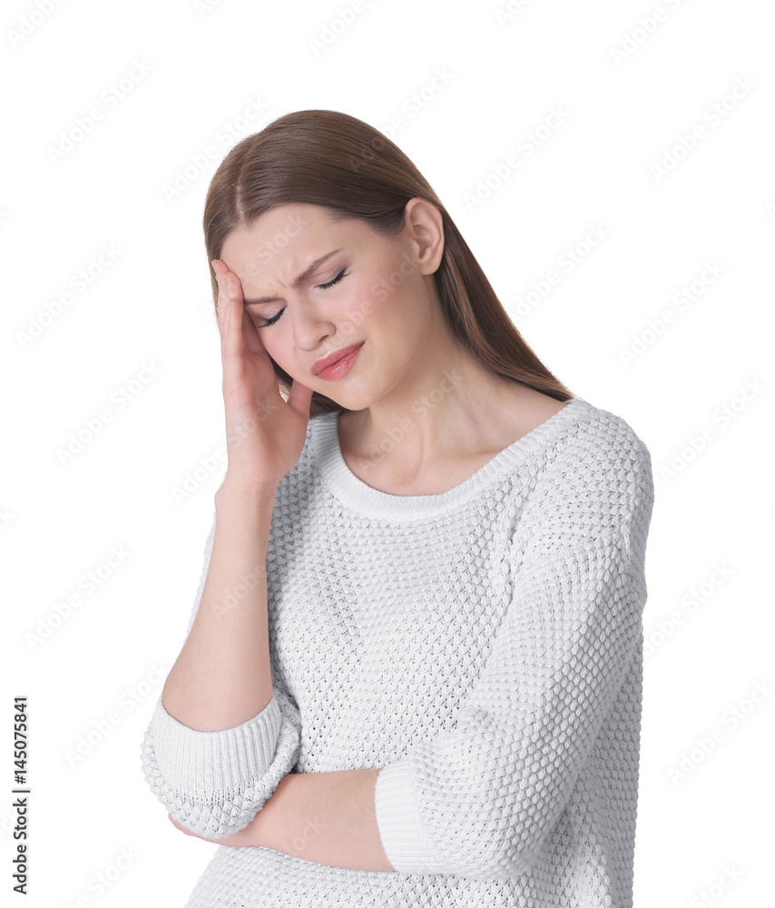 Beautiful young woman suffering from headache on white background Beautiful young woman suffering from headache on white background
