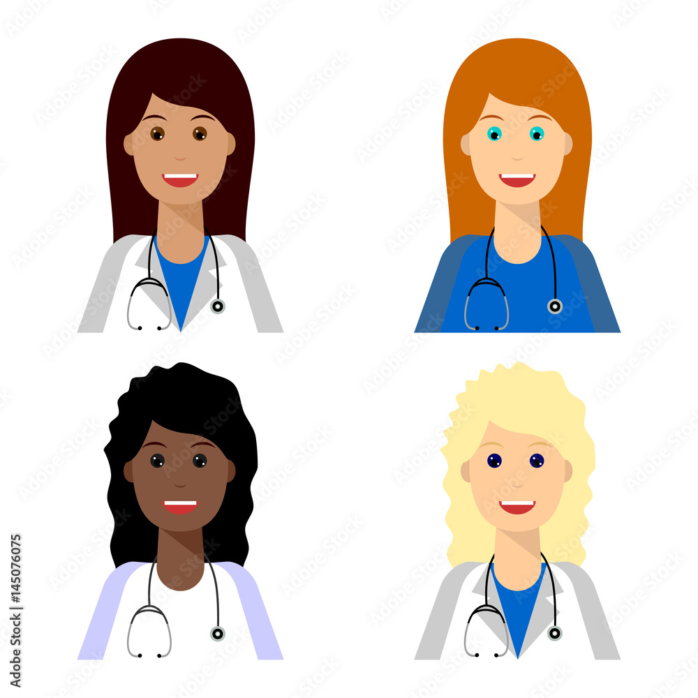 Set of cartoon female medical team. Flat style. Portraits. Set of cartoon female medical team. Flat style. Portraits.